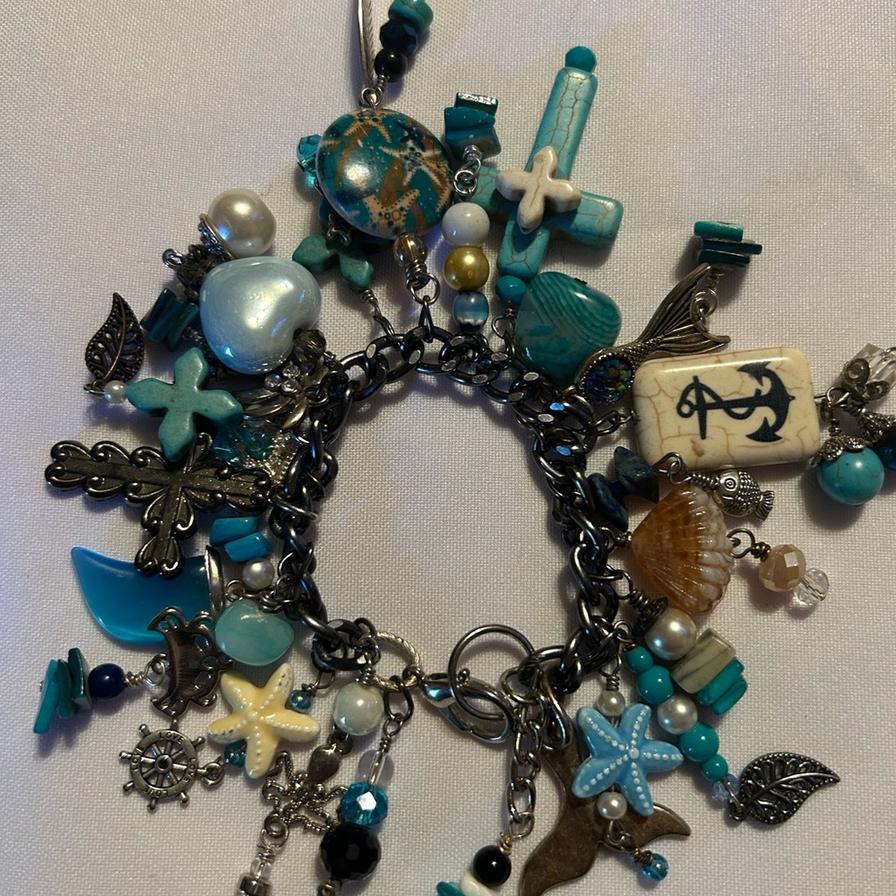 Oceanic Chunky Charm Bracelet with Turquoise and Silver Accents